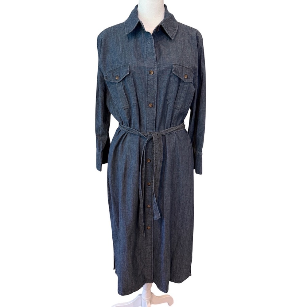 J. Peterman Womens Blue Denim Button Front Midi Shirt Dress with Belt Size 12